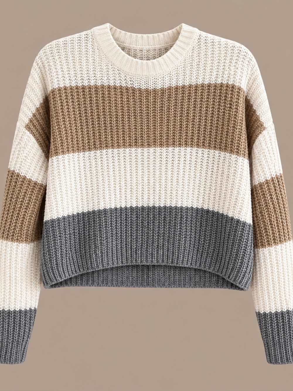 Oversized cropped moon & madison Cream, Taupe & Gray Striped Crewneck Sweater
